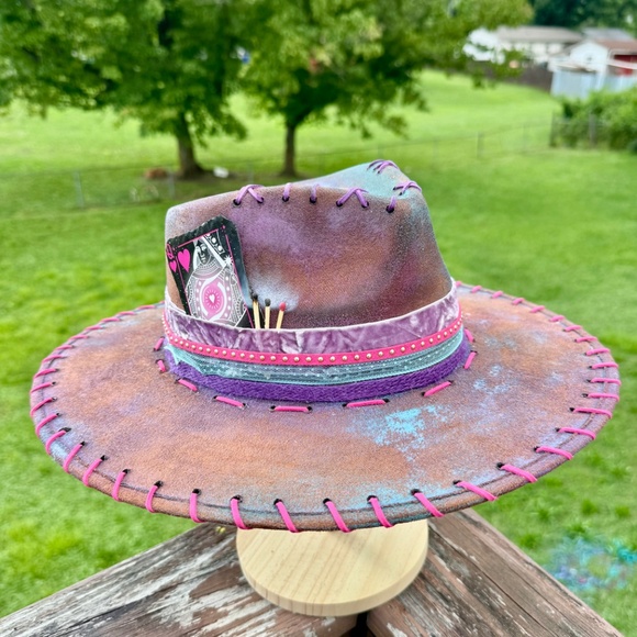 Hand Burned Distressed Rancher Hat with Aztec Cotton Candy Genuine Leather - Picture 3 of 6